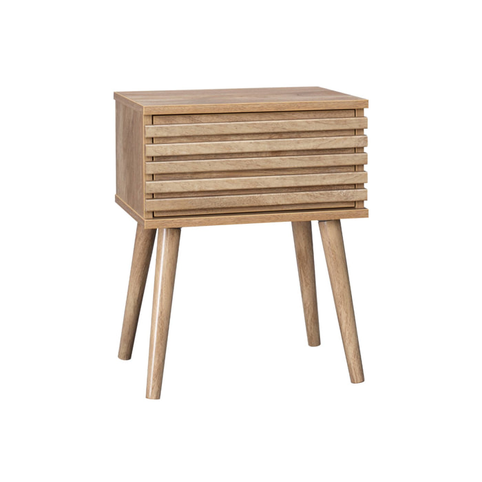 Table de chevet style scandinave décor bois avec tiroir rainuré et pieds compas