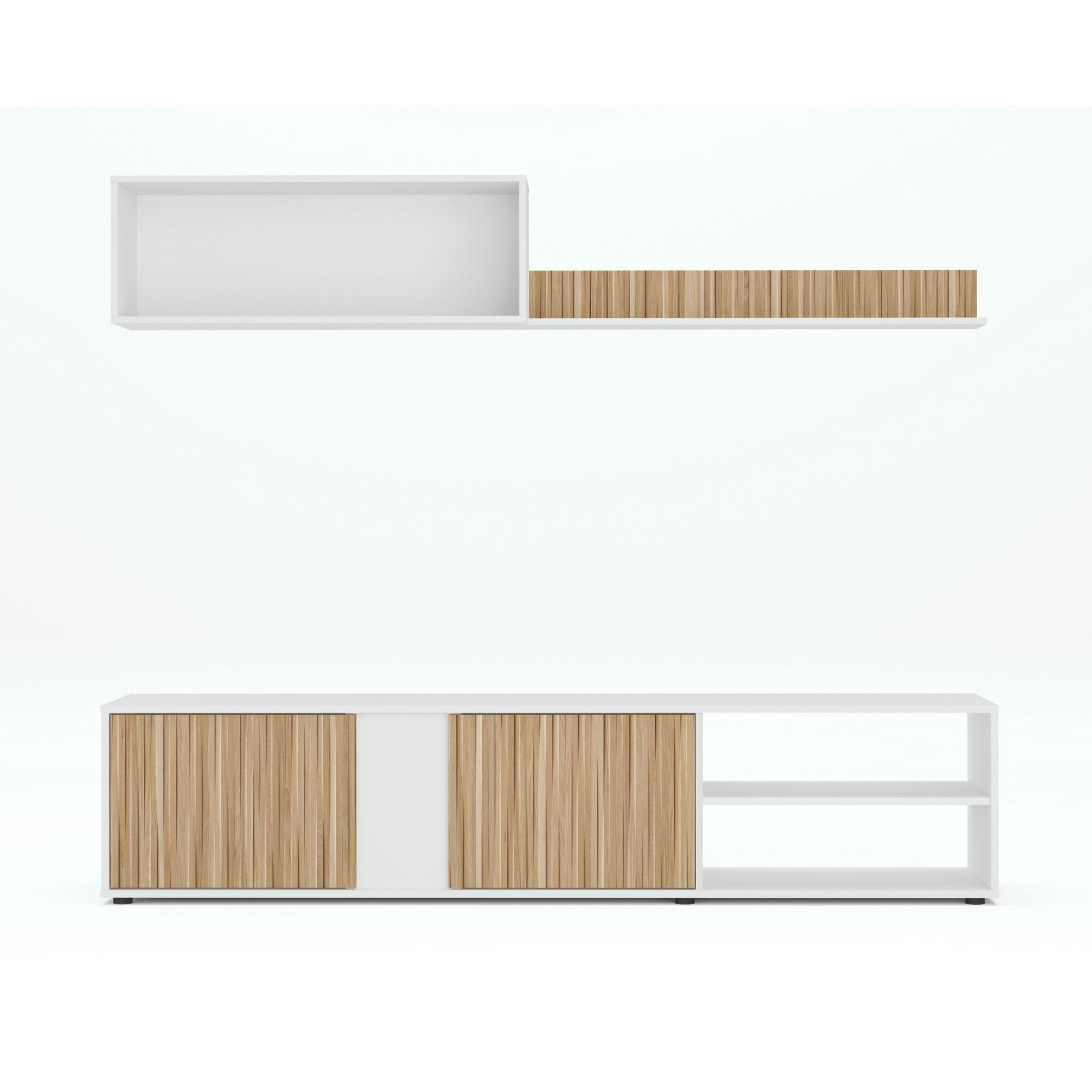 Parete attrezzata Agrestino, Mobile da soggiorno porta TV, Composizione set salotto, Set salotto con pensile, 180x33h40 cm, Bianco e Rovere