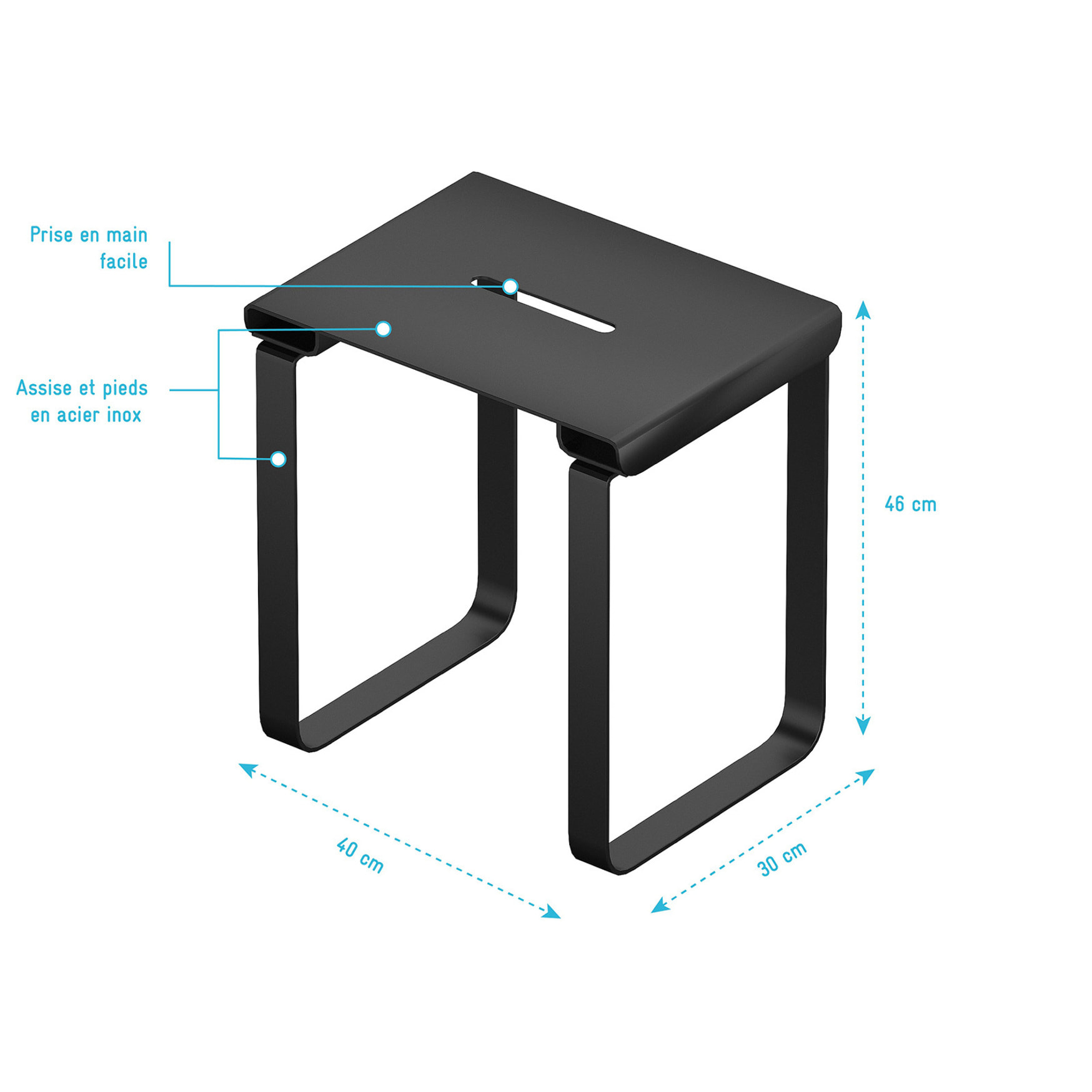 SIEGE DE DOUCHE EN INOX NOIR MAT - 40x30x46 cm