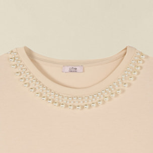 Oltre - T-shirt in cotone con perle - Beige