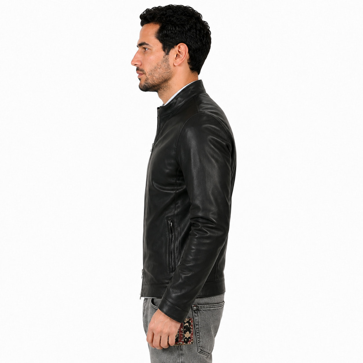 Giubbino in pelle di vitello nappa Nero-Slim Fit