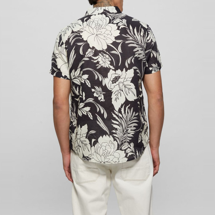 Chemise Island - coupe slim - 100% lin - motif fleuri - noir et blanc