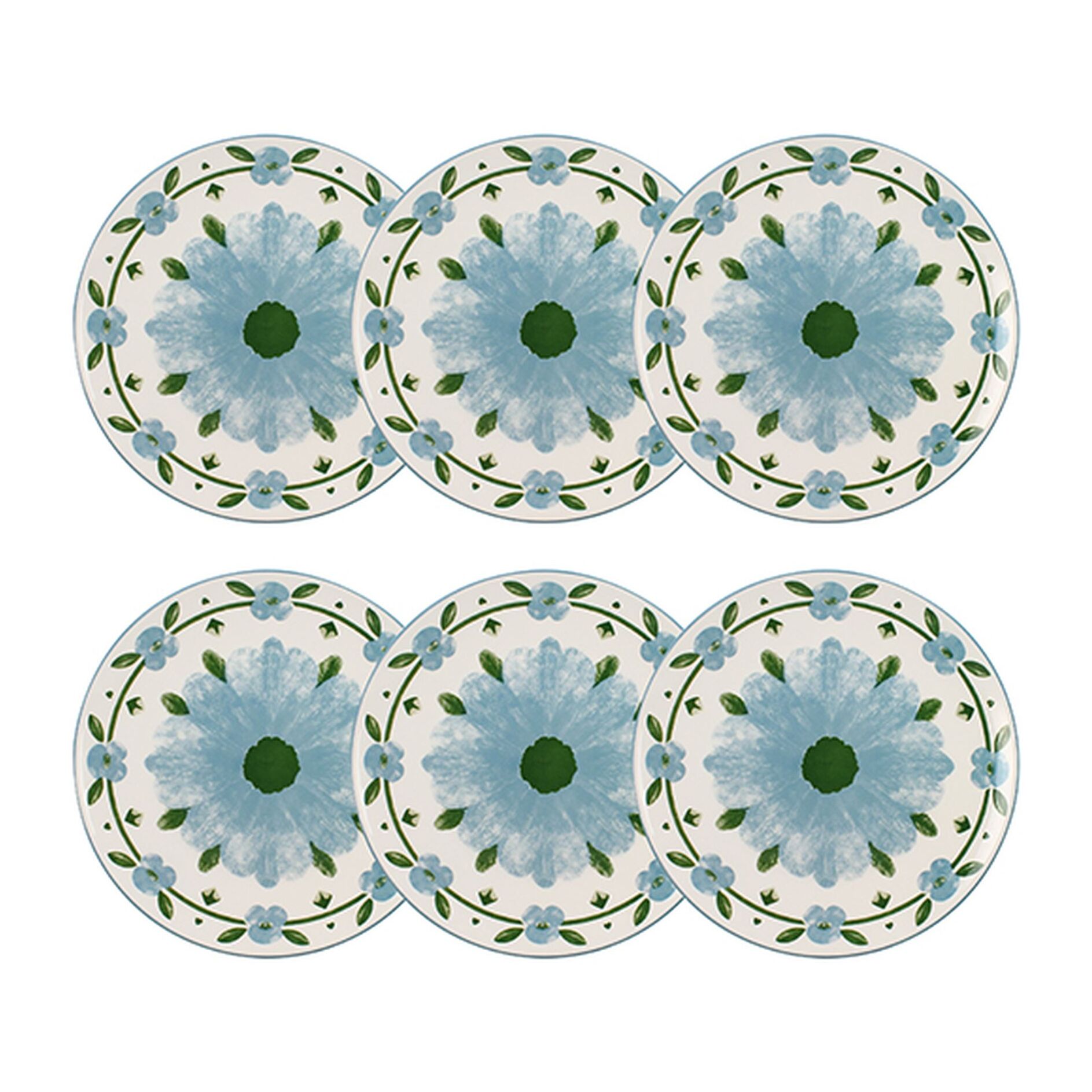 Lot de 6 assiettes plates 27cm en porcelaine blanc et bleu floral PRIMAVERA