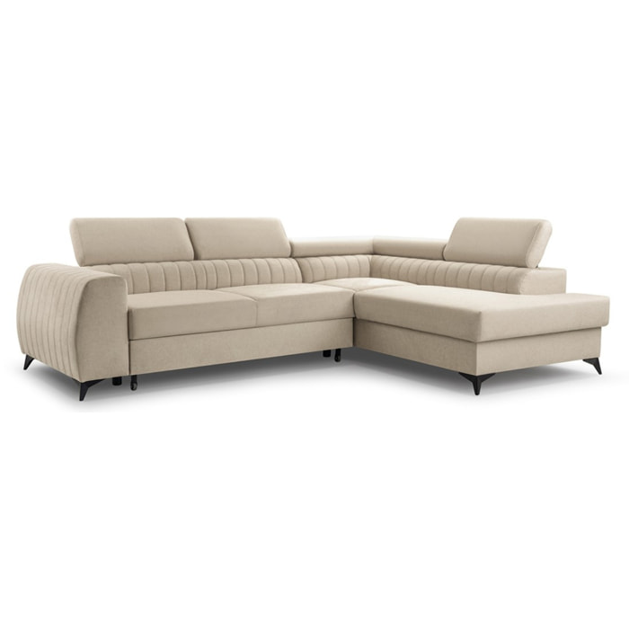 Aneta - canapé d'angle droit 5 places - convertible avec coffre et têtières - en velours - Beige