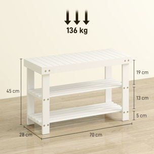 Banc à chaussures 2 étagères dim. 70L x 28l x 45H cm bois bambou blanc