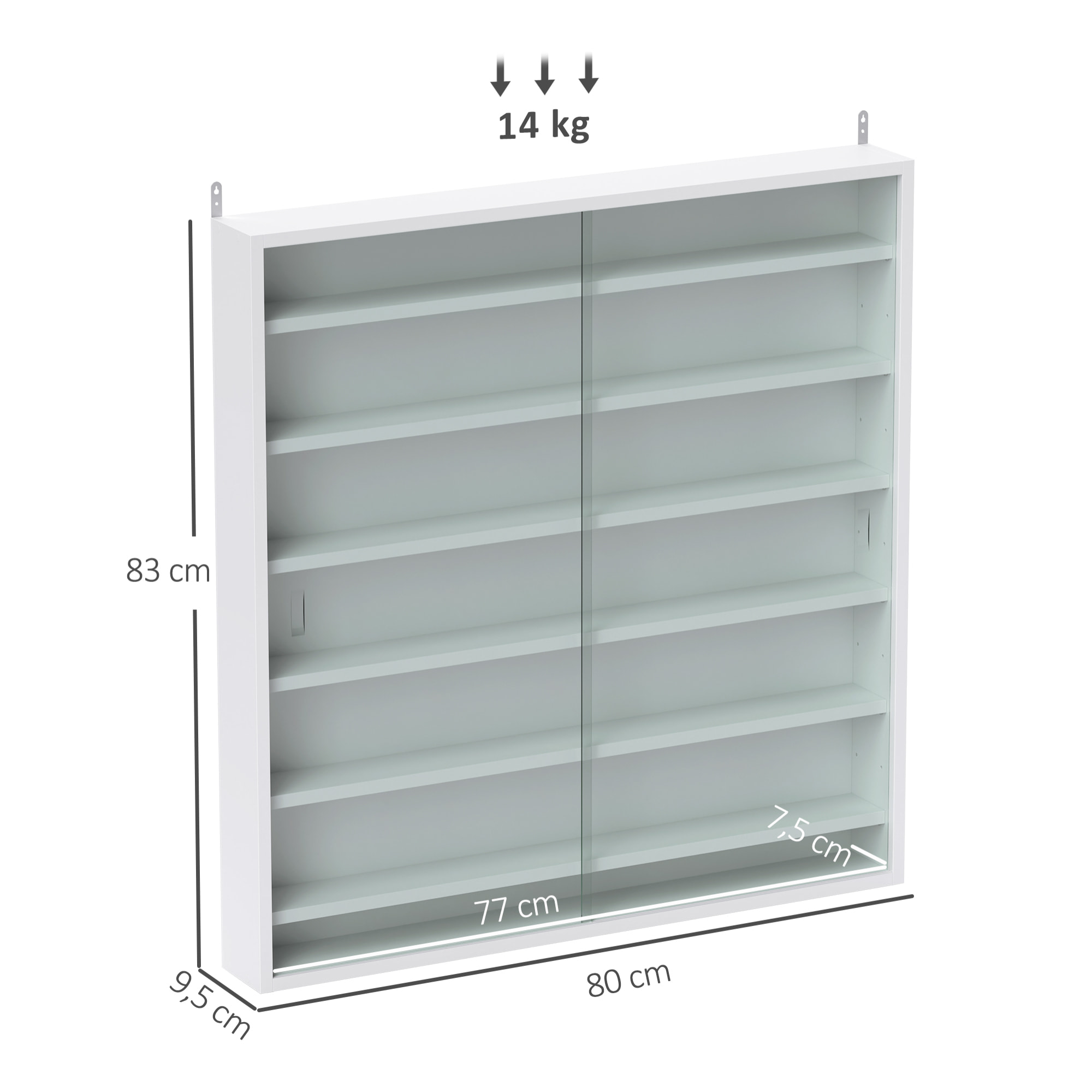 Vitrina Expositora para Colecciones de 7 Niveles, Vitrina de Pared, con Estantes Ajustables y 2 Puertas Correderas de Vidrio, para Perfumes, Figuras de Decoración, 80x9,5x83 cm, Blanco