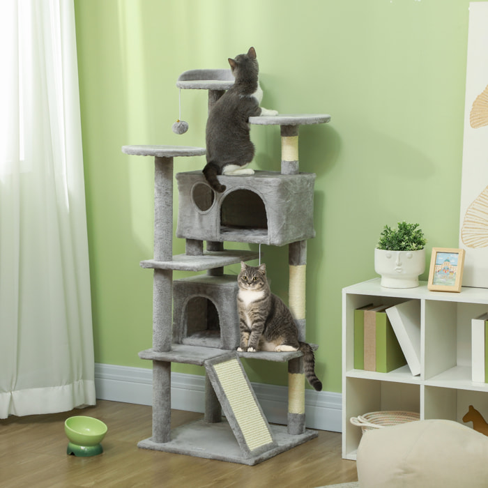 Rascador para Gatos Altura 138 cm Árbol para Gatos Torre de Escalada con Postes Rascadores de Sisal Plataformas Cuevas Bolas Colgantes y Hamacas Gris Claro