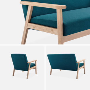 Banquette et fauteuil scandinave en bois et tissu bleu pétrole L 114 x l 69.5 x H 73cm