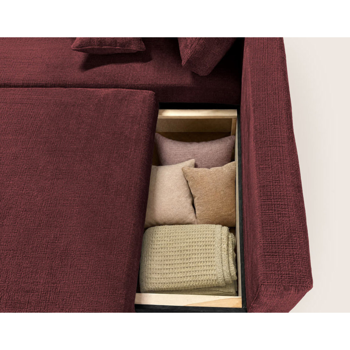 Miro - Canapé d'angle gauche 4 places convertible avec coffre en velours texturé - Prune