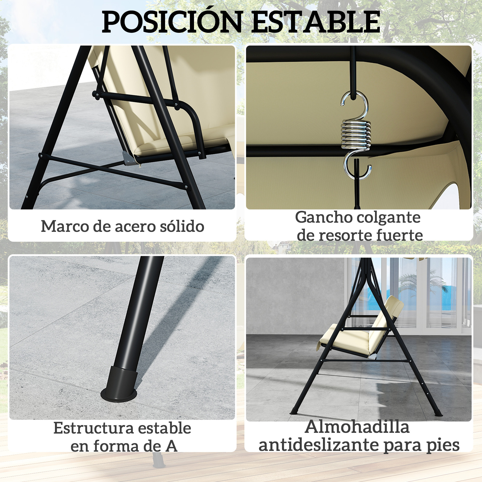 Columpio de Jardín Exterior de 3 Plazas, Balancín de Jardín Exterior con Techo Ajustable, Cojín y Marco de Acero, para Balcón, Terraza, Patio, Carga 240 kg, 172x118x153 cm, Beige