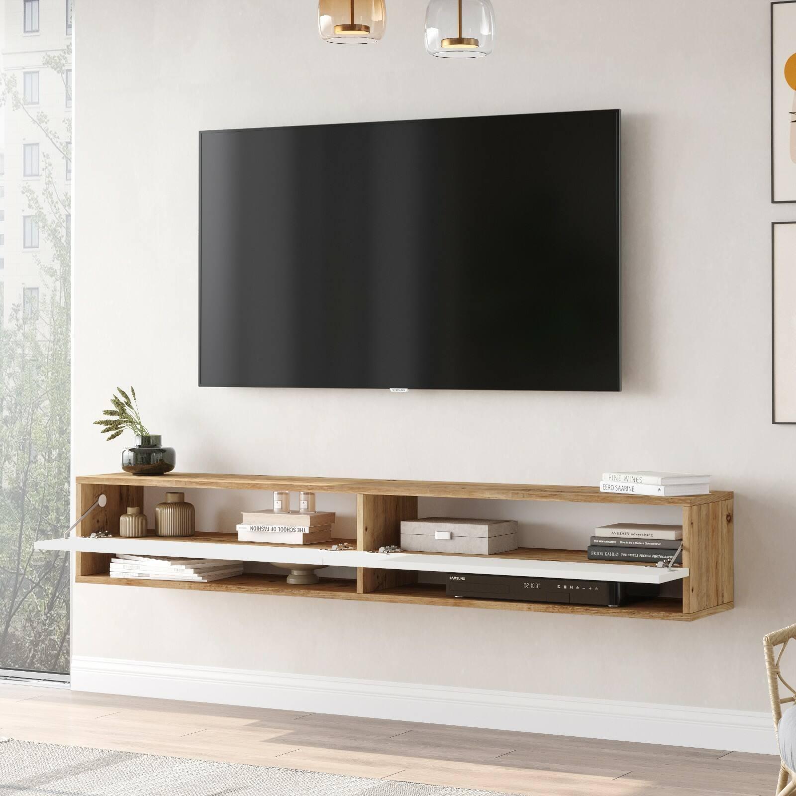 Mobile porta TV Dkechrid, Credenza da soggiorno, Armadio basso per TV, Base parete attrezzata, 180x32h29 cm, Quercia e Bianco