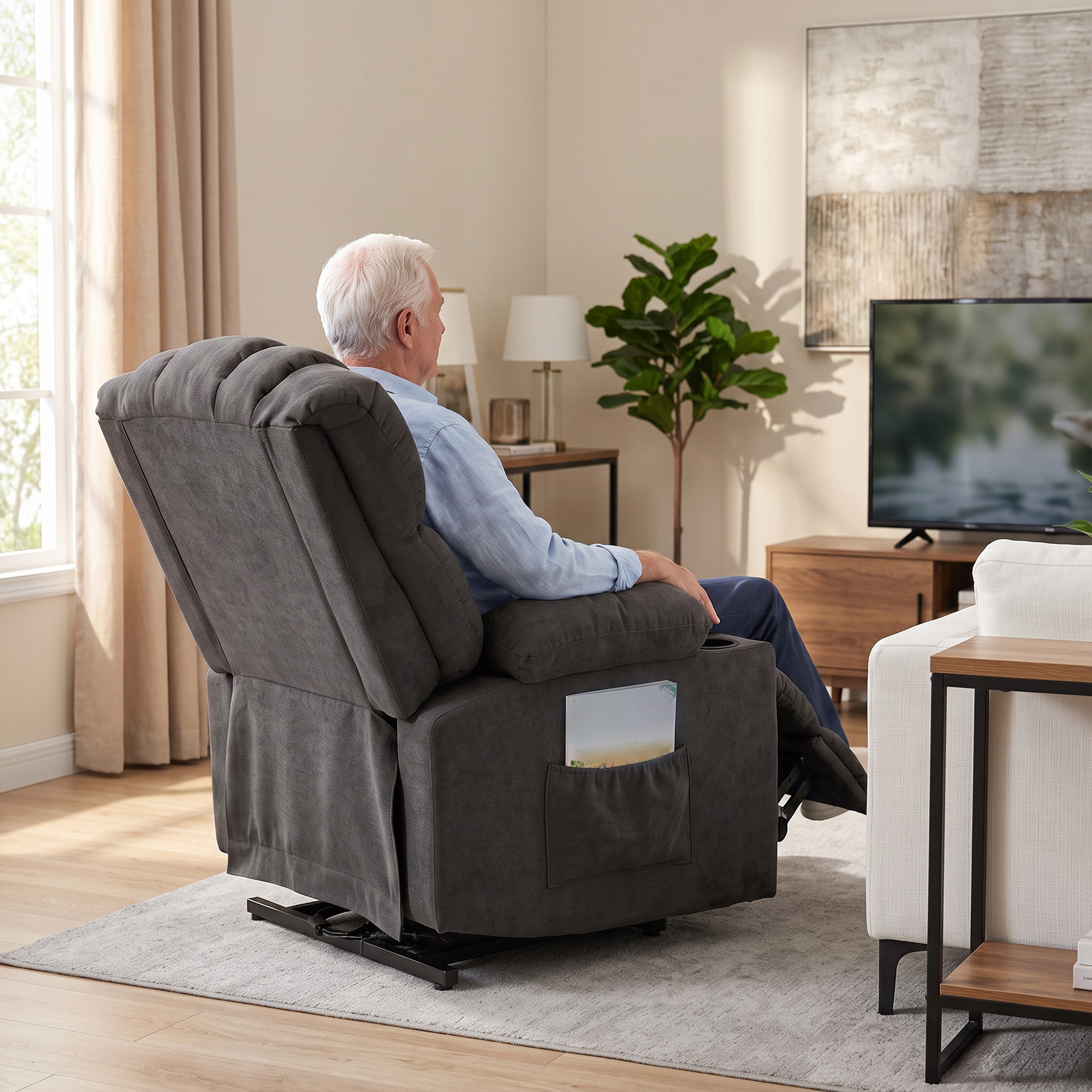 Sillón Relax Reclinable Eléctrico Levanta Personas Mayores con 8 Puntos Masaje Vibratorio y Calor, Sillón Elevador, Asiento Ancho, USB-C, USB-A, Bolsillos, Portavasos, Reposapiés, de Rizo Negro