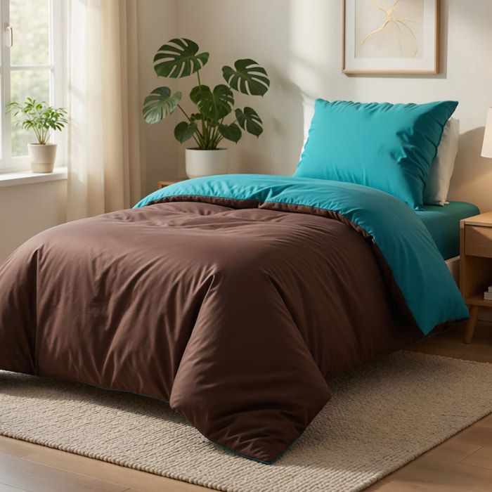 Parure Housse De Couette 135x200cm 100% coton 57fils Choco/turquoise