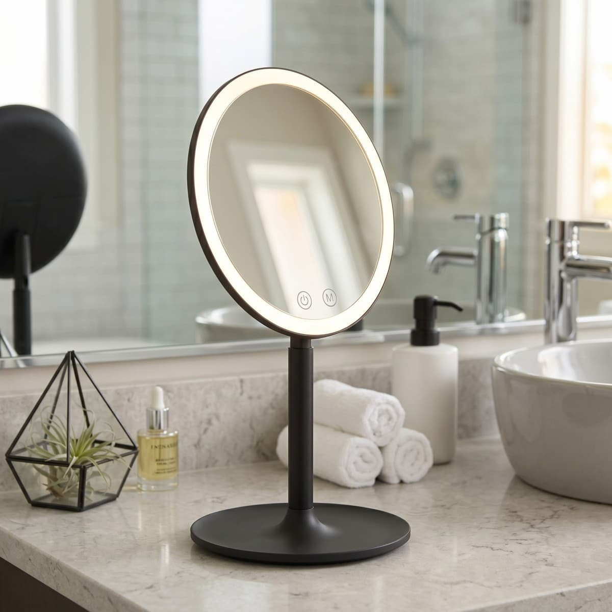 Miroir cosmétique pliable en plastique, 3 couleurs de lumière réglables, hauteur 34,5 cm, noir (SATZKLEDC)