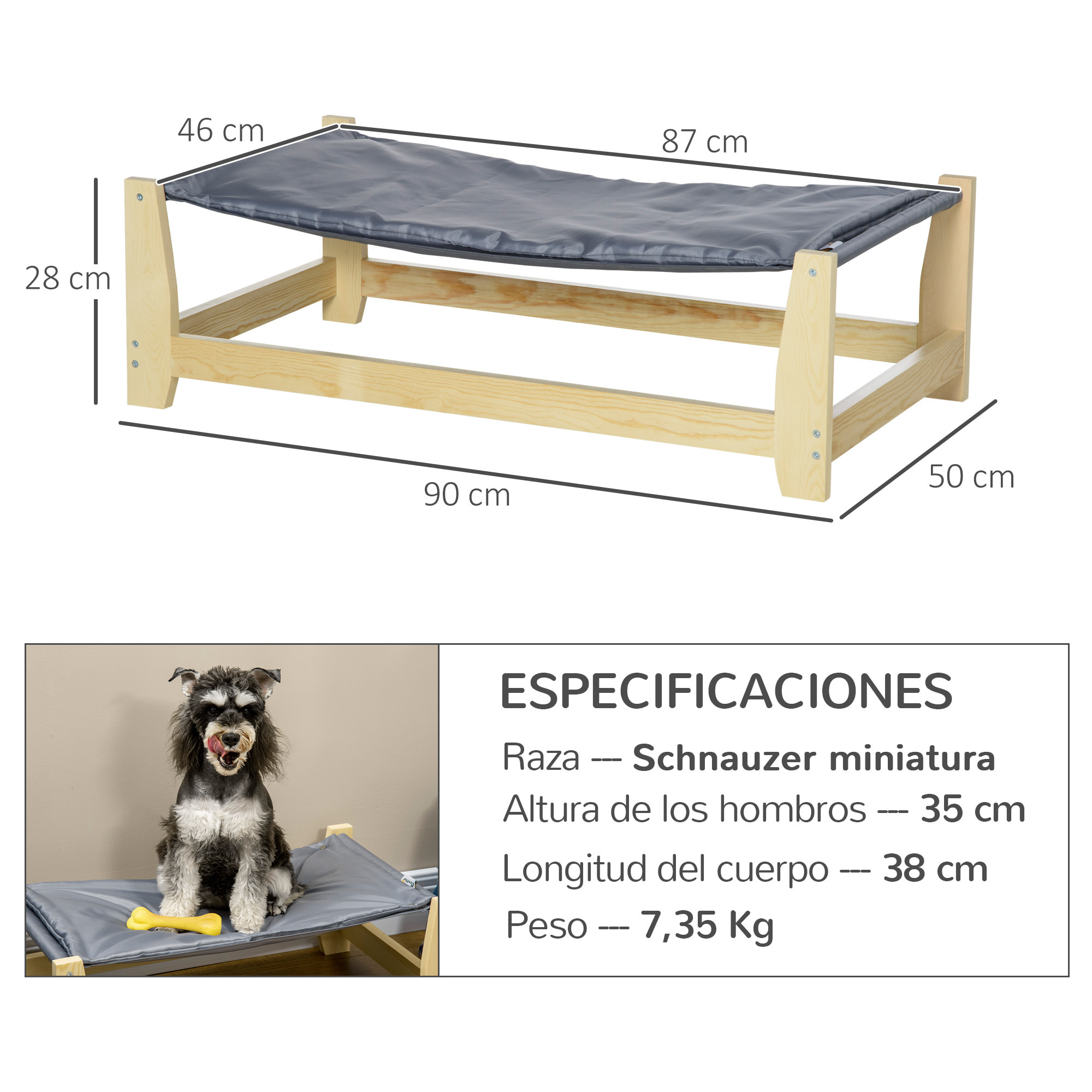 Cama Elevada para Perros con Cojín Lavable Tela Oxford Marco Madera 90x50x28cm