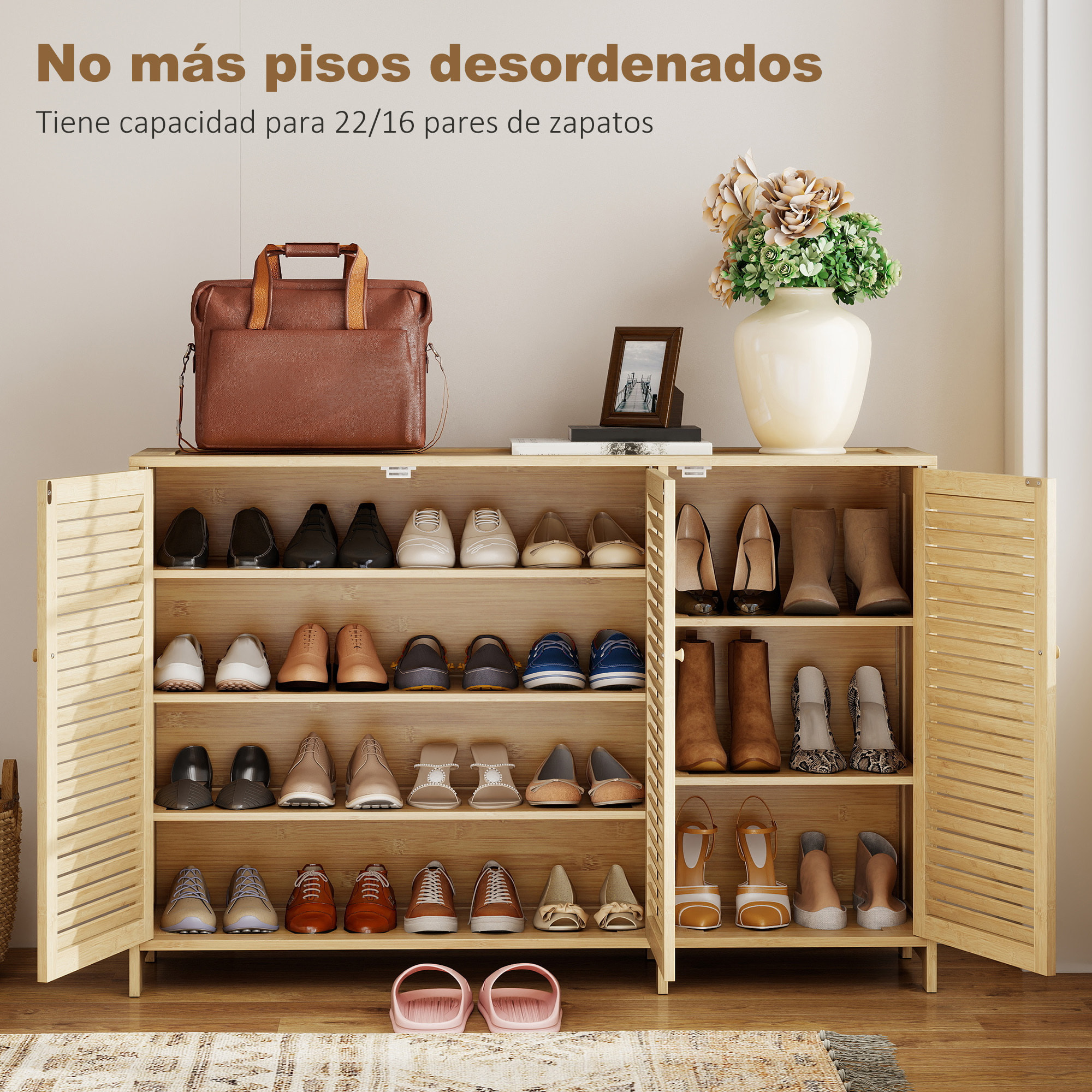 Mueble Zapatero de Bambú, Armario para Zapatos con Puertas de Persiana, Estantes Ajustables, para 14 Pares de Zapatos, Zapatero para Pasillo Recibidor, 80x35x80 cm, Natural