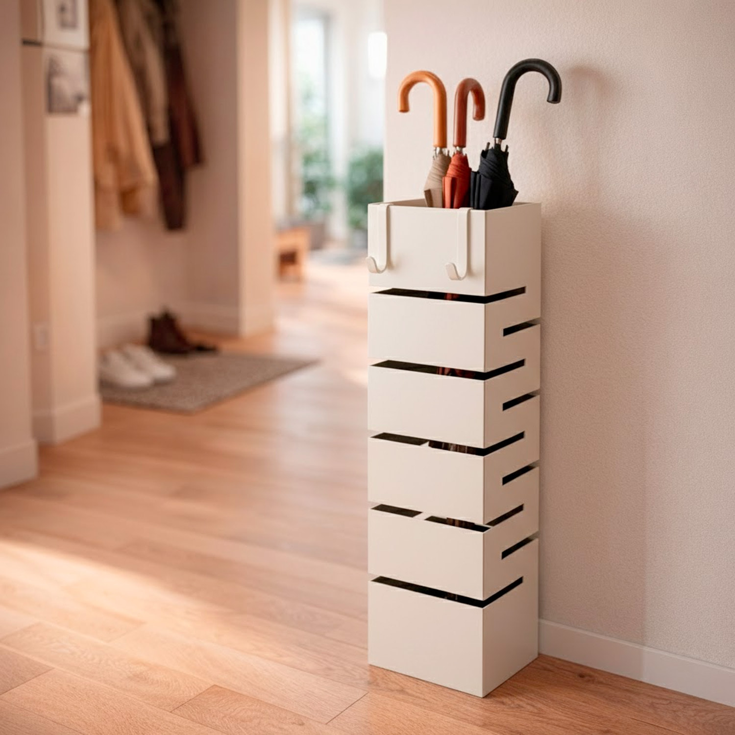 Portaombrelli In Acciaio Zincato Per Interno Esterno Con Vaschetta Scolapioggia 2 Ganci Removibili Base Antiscivolo 49 x 15,5 x 15.5 Cm Bianco