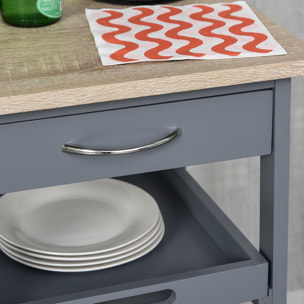 Chariot de service desserte de cuisine à roulettes 2 plateaux amovibles, tiroir, étagère MDF chêne clair bois pin gris