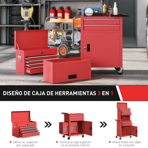 Carro de Herramientas con 6 Cajones y Cerraduras, 3 en 1, Carro de Taller Móvil con Ruedas y Panel Lateral Perforado, Caja de Herramientas Desmontable de Acero, para Taller, Garaje, Rojo
