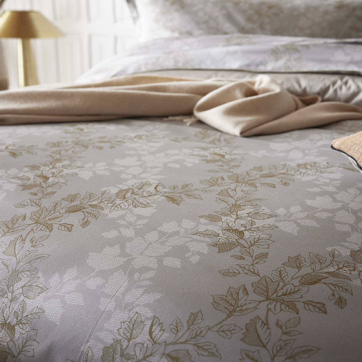 Housse de couette imprimée en satin de coton, ROCAILLE, Gris Brume