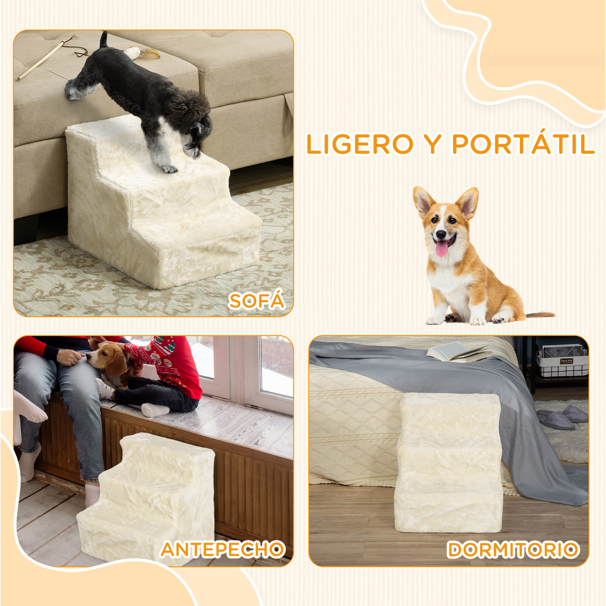 Escalera para Perros de 3 Peldaños, Escalera para Mascotas con Funda Extraíble y Lavable, Rampa para Perros y Gatos para Cama, Sofá, 46x35x35 cm, Beige