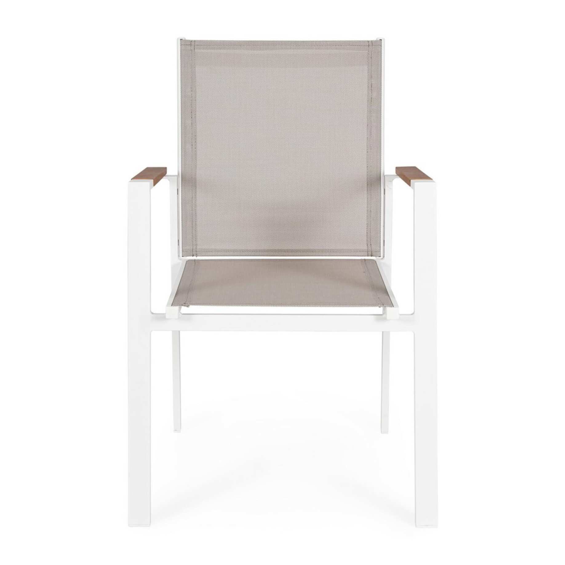 Set 4 sedie da giardino DENIA in textilene grigio tortora con inserti effetto legno e struttura bianca