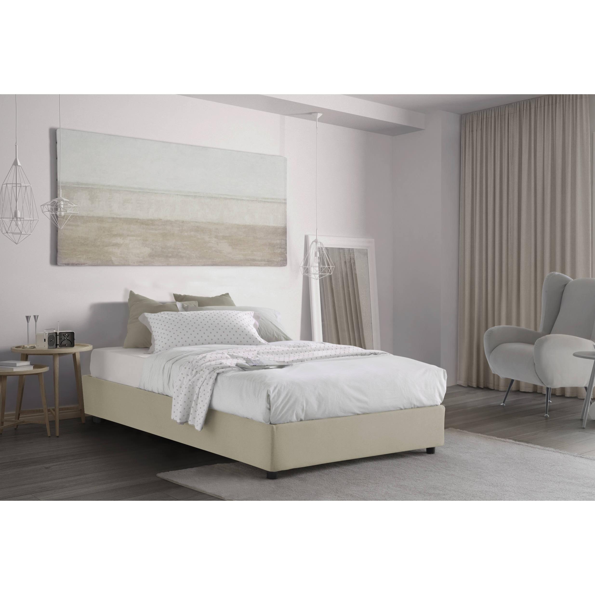 Letto piazza e mezza Chiara, Letto contenitore con rivestimento in tessuto, 100% Made in Italy, Apertura frontale, con materasso Cm 120x190 incluso, Beige