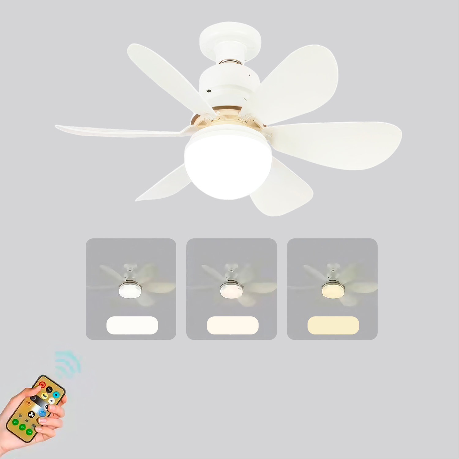 Ventilador de techo FS-HX-R520 de 52 cm. Adaptador E27, 3 velocidades y luz LED regulable de 16 W. Incluye mando a distancia.
