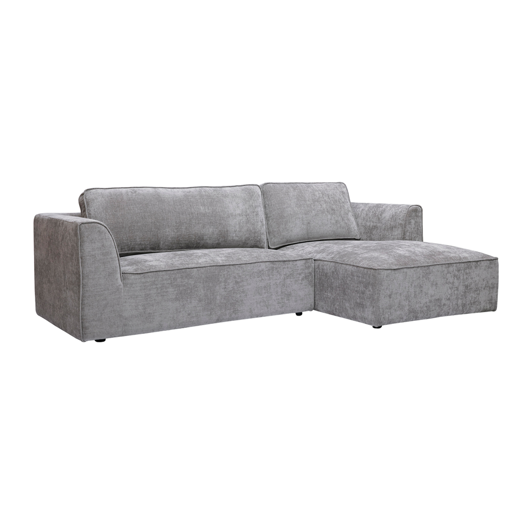 Canapé d'angle droit design en tissu effet velours texturé gris 3 places GRAMMY