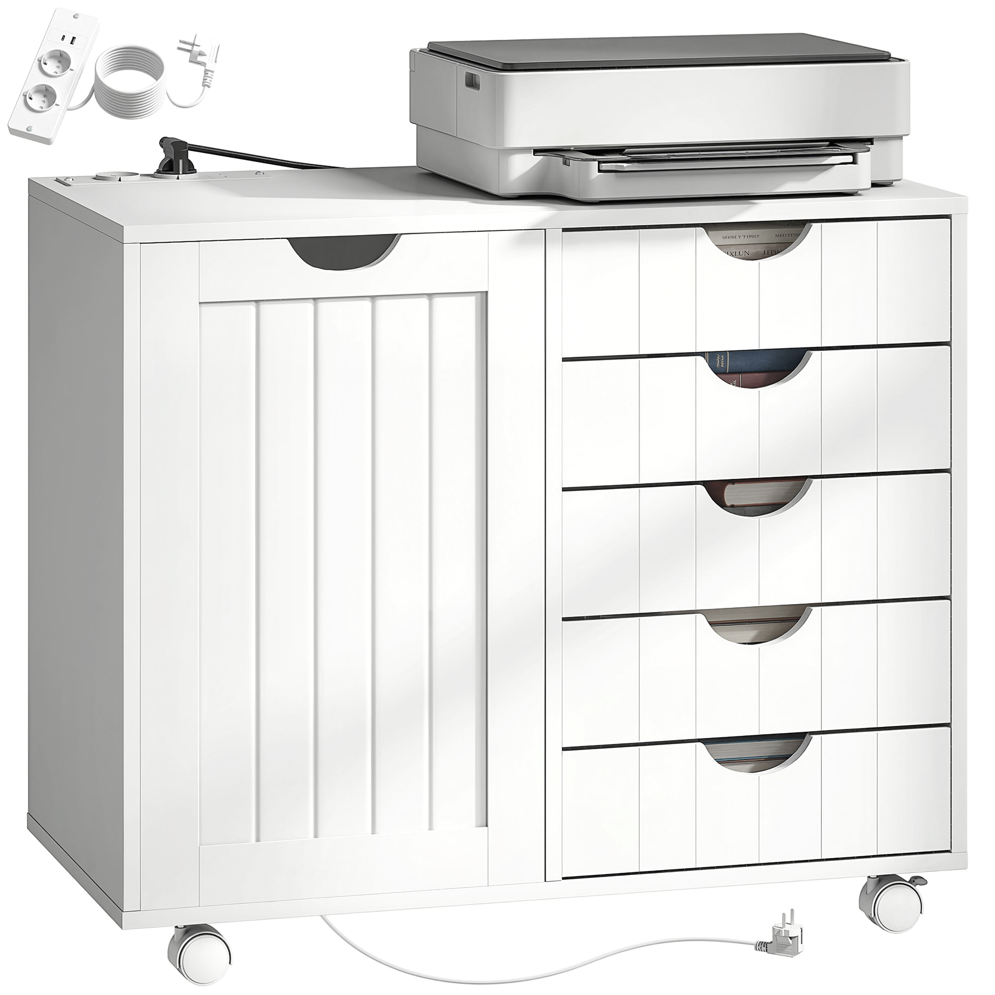 Mueble para Impresora con Estación de Carga y Ruedas, Soporte para Impresora con 5 Cajones, Puertos USB, Estante Ajustable para Oficina en Casa, Blanco