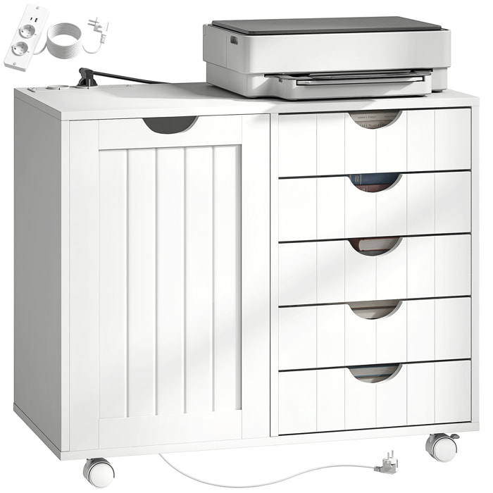Mueble para Impresora con Estación de Carga y Ruedas, Soporte para Impresora con 5 Cajones, Puertos USB, Estante Ajustable para Oficina en Casa, Blanco