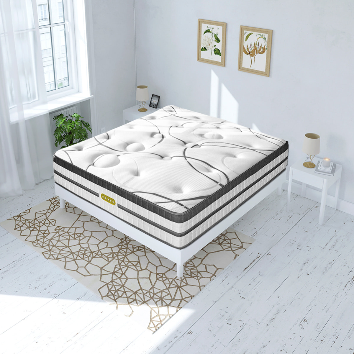 Ensemble Matelas Hybride Concorde & Sommier Bois, Ressorts Ensachés & Mémoire de Forme, 26 cm, Technologie Tri-lattes, Soutien Ferme