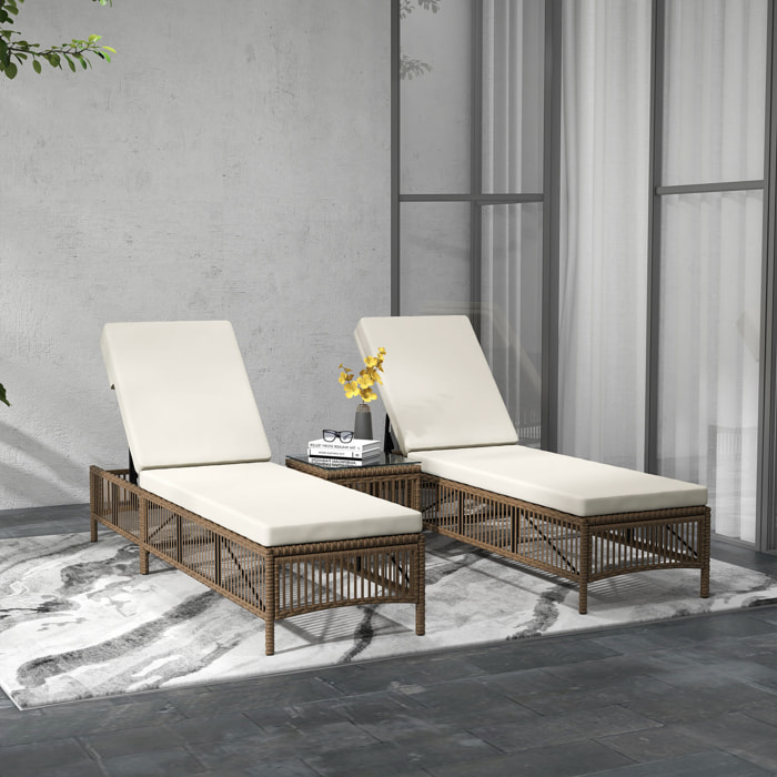 Conjunto de 2 Tumbonas de Jardín Exterior Tumbonas de Mimbre Tejido con Mesa de Tapa de Vidrio Respaldo Reclinable de 5 Posiciones y Cojines Suaves 196x54x32 cm Beige