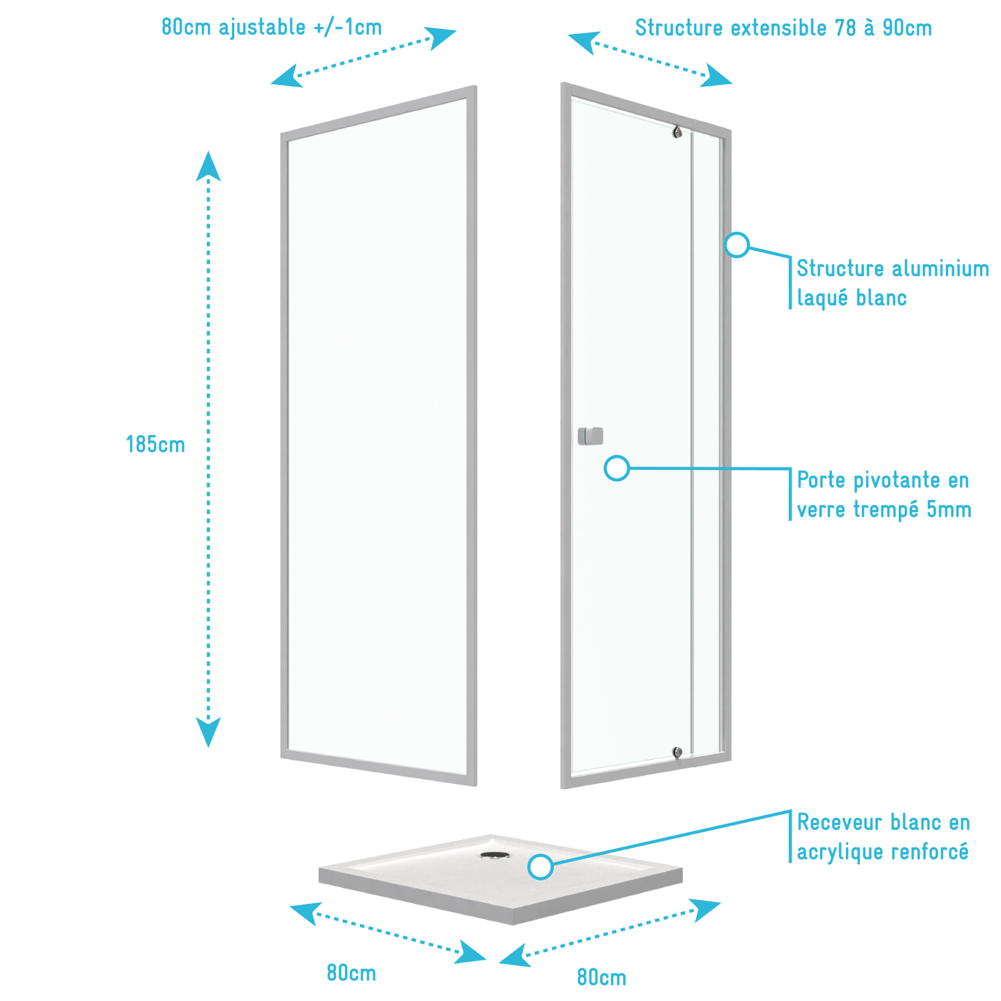 Porte de douche pivotante extensible 78 à 90cm + paroi de retour 80 + receveur 80x80 - WHITY PIVOT