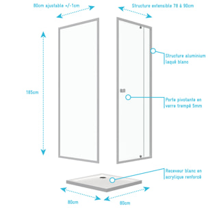 Porte de douche pivotante extensible 78 à 90cm + paroi de retour 80 + receveur 80x80 - WHITY PIVOT