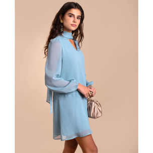 Vestido corto manga abullonada y lazada