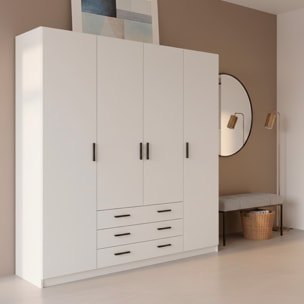 Armadio Con 4 Ante E 3 Cassetti Armadietto Multiuso Barra Appendiabiti E 8 Ripiani Di Cui 6 Regolabili Extra Capiente 195,5 x 49,6 x 200,4 Cm Bianco