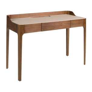 Escritorio tocador en madera chapada en nogal natural combinado con un elegante tapizado en polipiel en crema 116x55x82cm