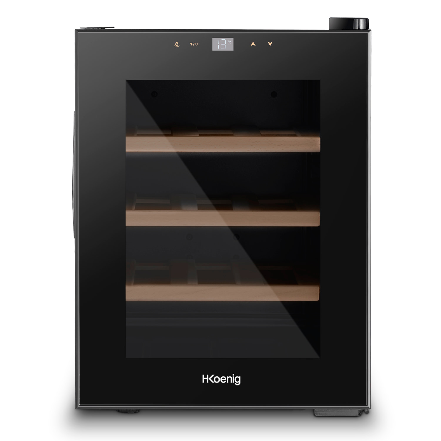 H.Koenig AGE12, Vinoteca 12 Botellas, 31L, Panel de Control Tactil, Luz LED, Antivibracion, 3 Estantes, 70W, 31 litros