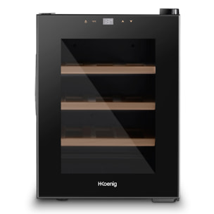 H.Koenig AGE12, Vinoteca 12 Botellas, 31L, Panel de Control Tactil, Luz LED, Antivibracion, 3 Estantes, 70W, 31 litros