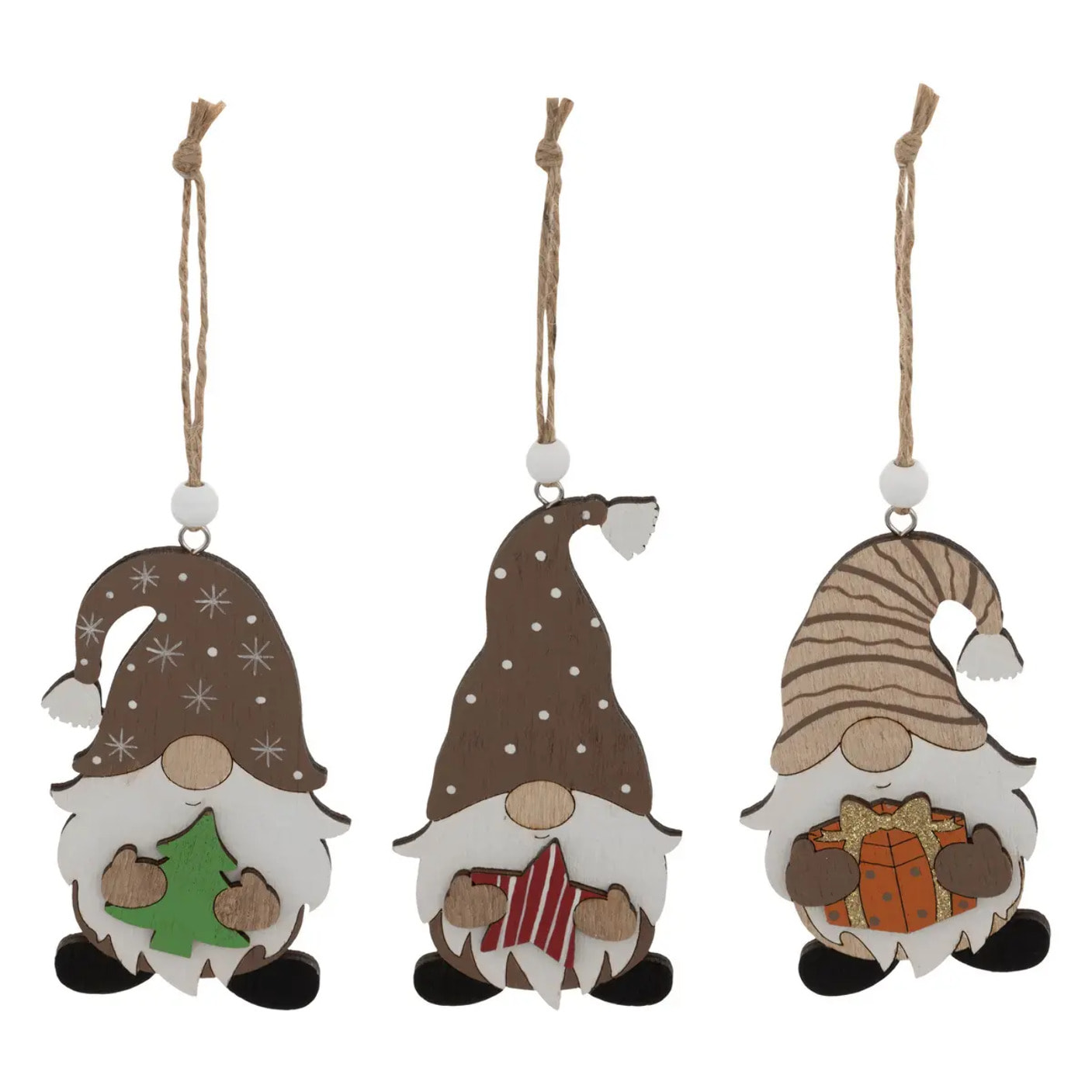 Lot de 3 sujets gnome cadeau bois H.10cm marron
