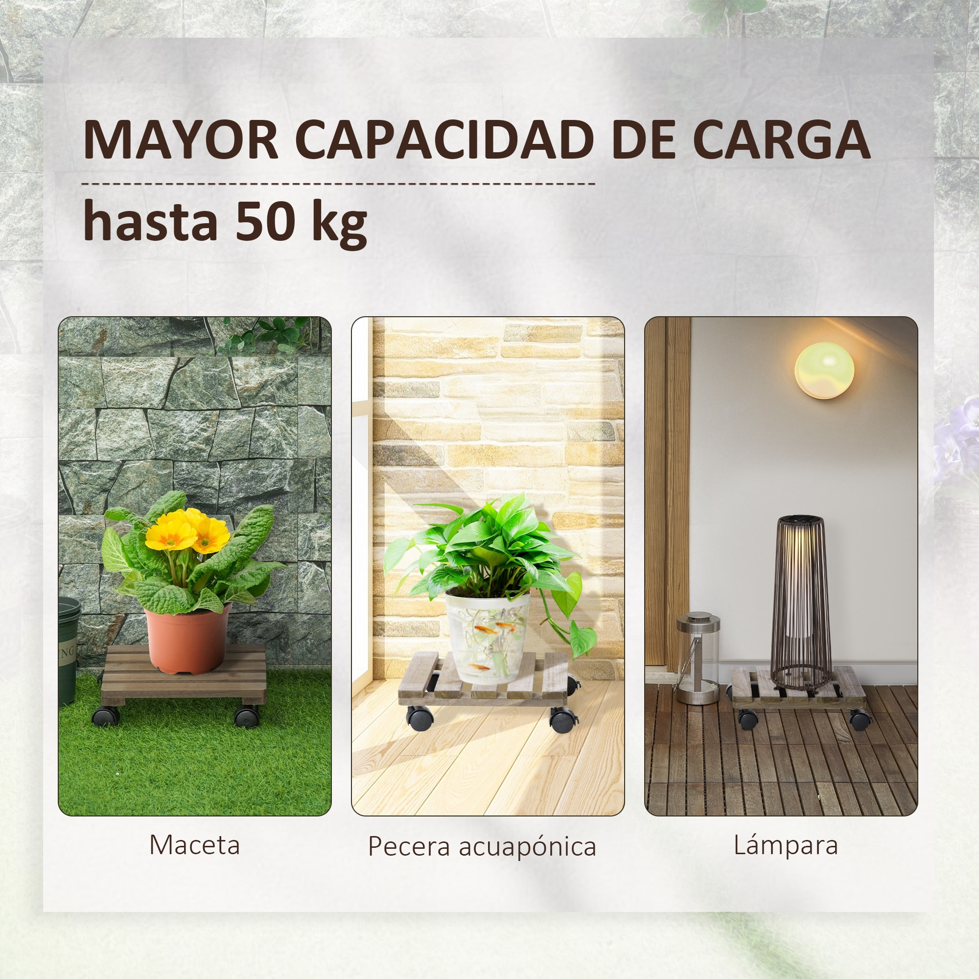 Pack de 2 Plataformas con Ruedas de Madera, Soportes para Plantas con Ruedas 360 ° Giratorias Bloqueables, Bases para Macetas, Exterior, Interior, Jardín, Carga 50 kg, Marrón Oscuro