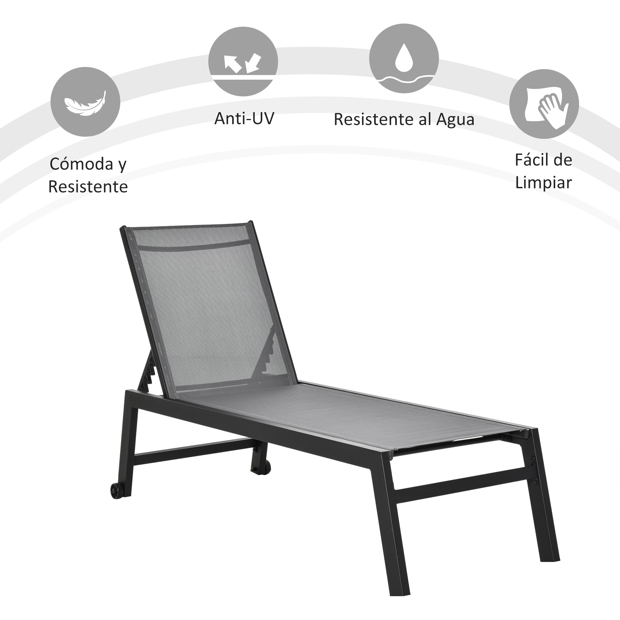 Tumbona de Jardín de Aluminio Tumbona Exterior con Respaldo Reclinable en 5 Posiciones Ruedas Carga 120 kg para Patio Terraza 169x65x102 cm Gris