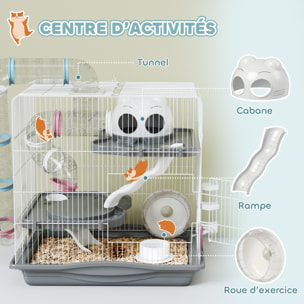 Cage rongeur hamster 3 niveaux cabane roue tunnel toboggan biberon mangeoire 45 x 30 x 45 cm blanc gris