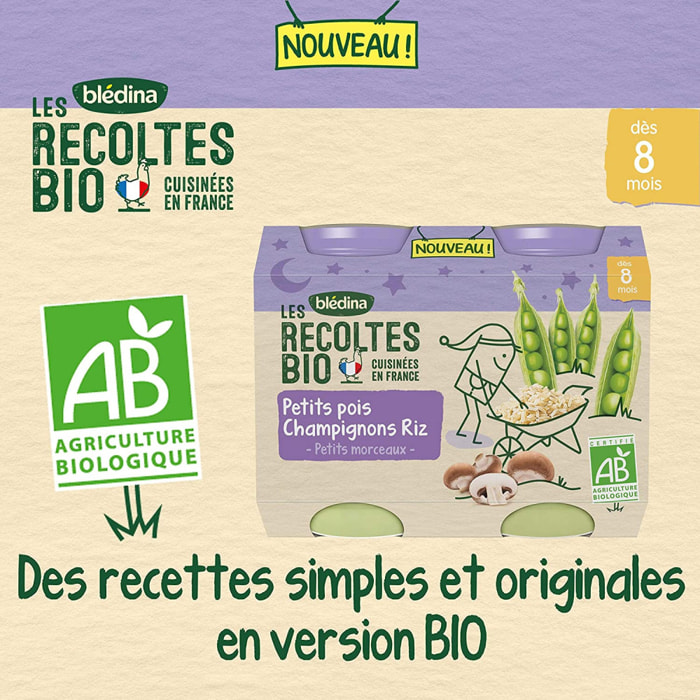 12 Petits Pots Petits Pois, Champignons, Riz 6x(2x200g) - Les Récoltes Bio Dès 8 Mois