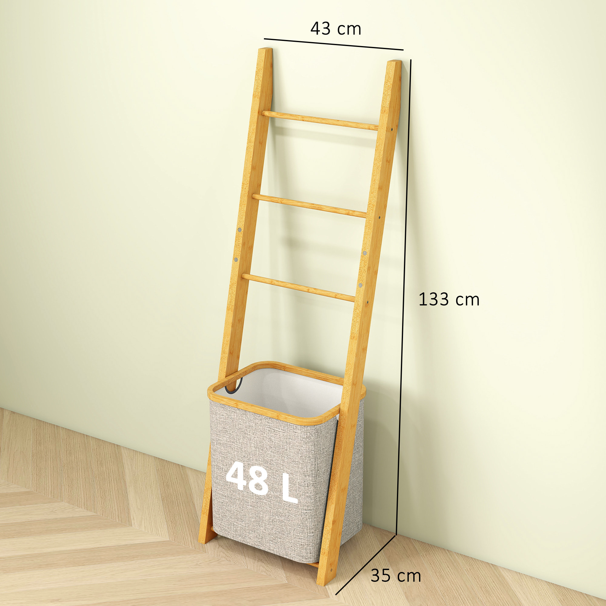 Estantería para Baño de Bambú, Toallero de Pie con 3 Barras, Cesto para Ropa Sucia Extraíble de 48 L, para Dormitorio, Lavadero, Crema