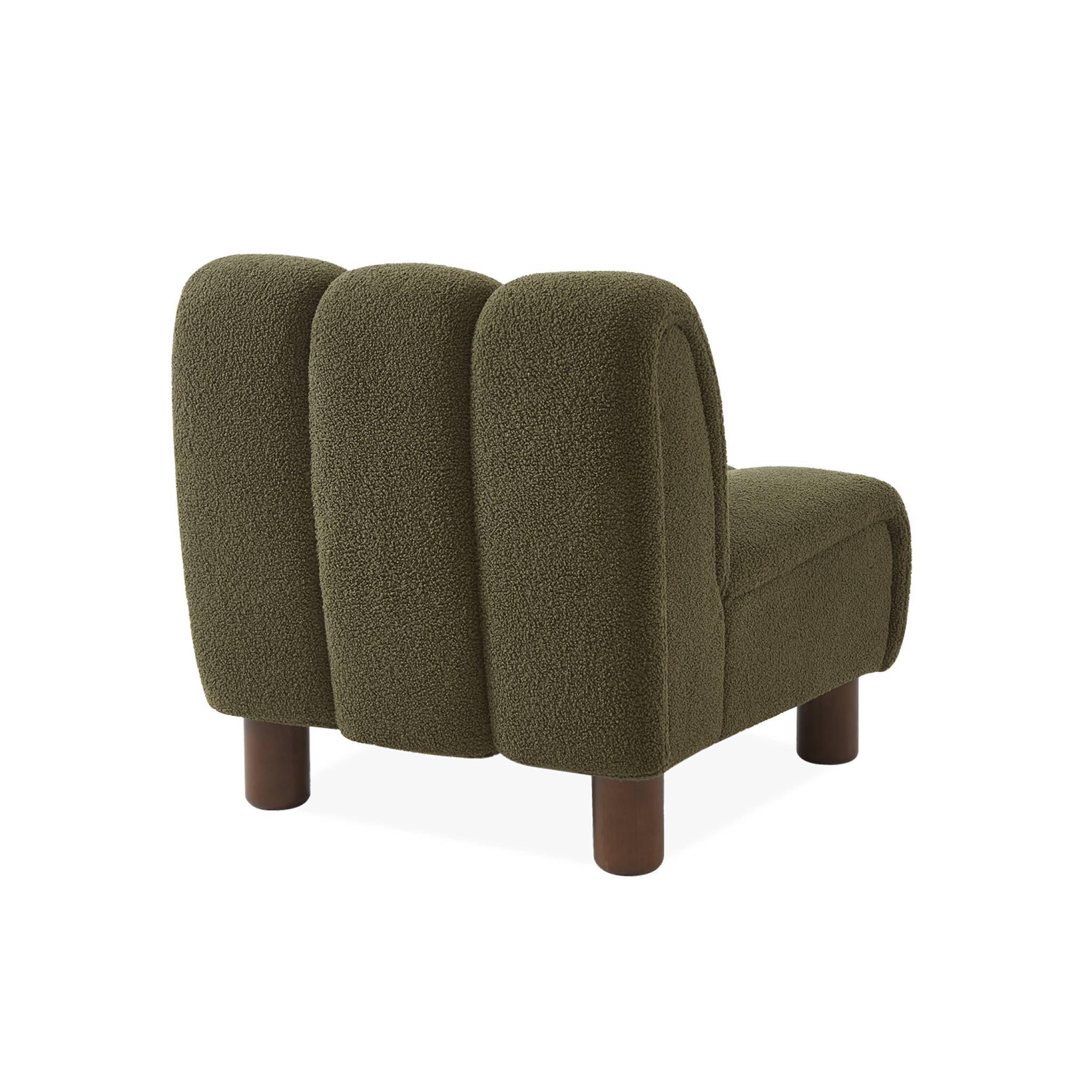 Fauteuil relax pieds arrondis en bois et tissu bouclette kaki foncé