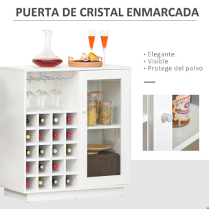 Aparador de Cocina con Botellero para 20 Botellas Armario Auxiliar con 1 Puerta de Cristal Estantes y Soporte de Copas de Vino para Comedor Bar 80x36x85 cm Blanco