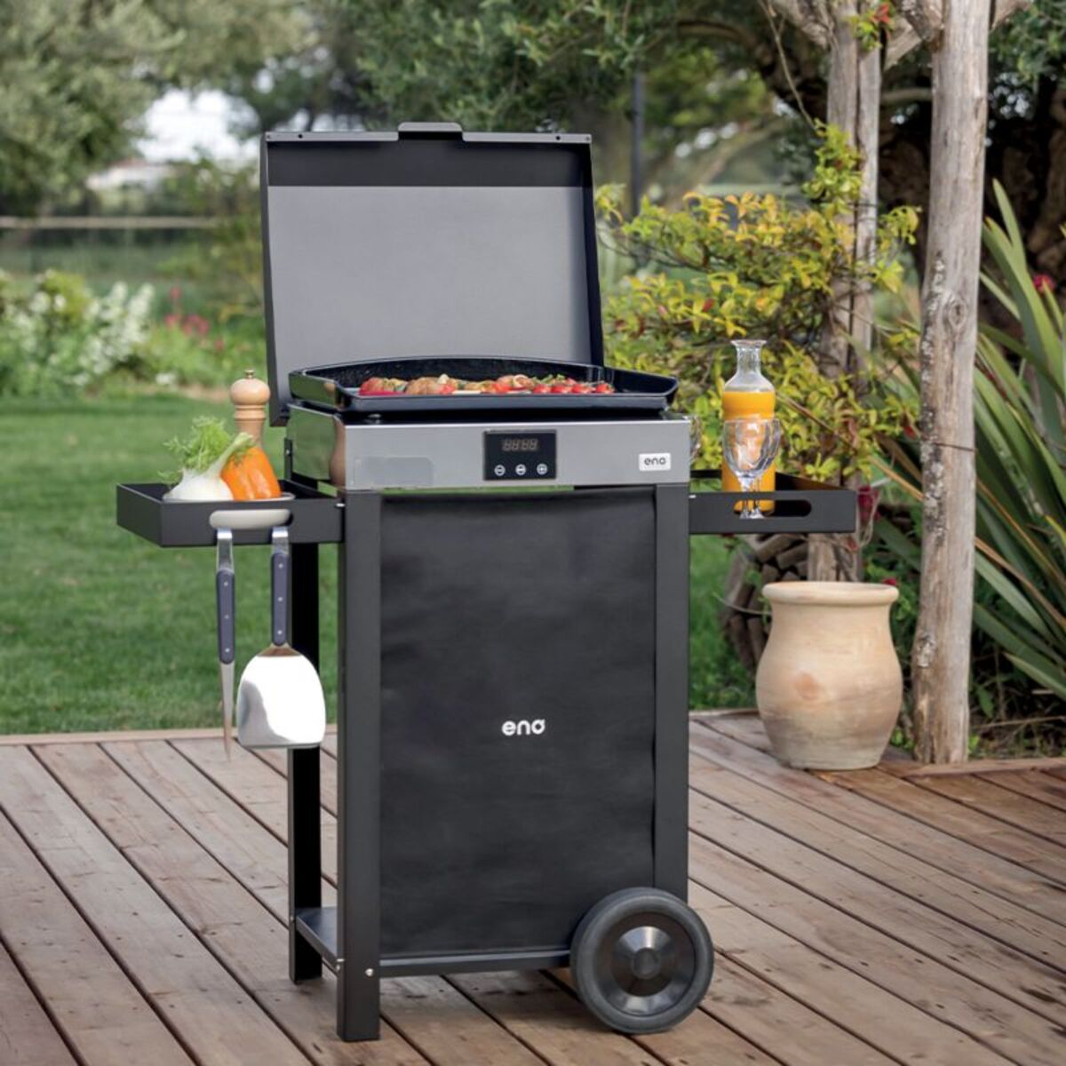 Plancha électrique ENO COMBO INITIAL 50 noir inox sur chariot, 48x38 cm