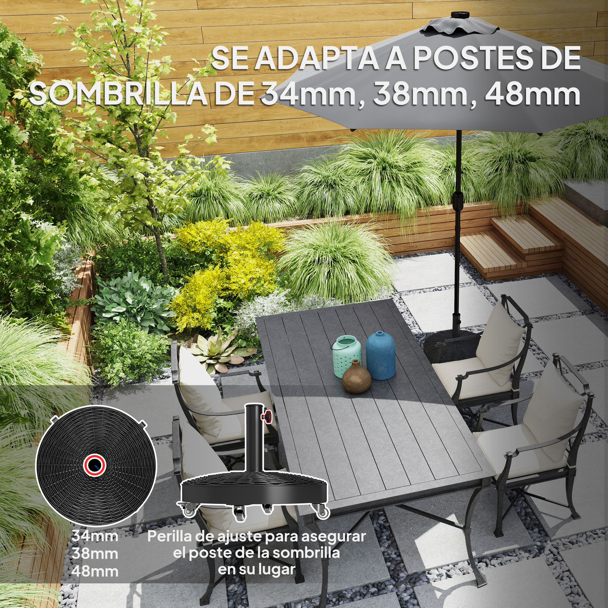 Base para Sombrilla Redonda Soporte para Parasol con Ruedas Pie para Sombrilla con Relleno de Cemento Peso 25 kg para Jardín Terraza Negro